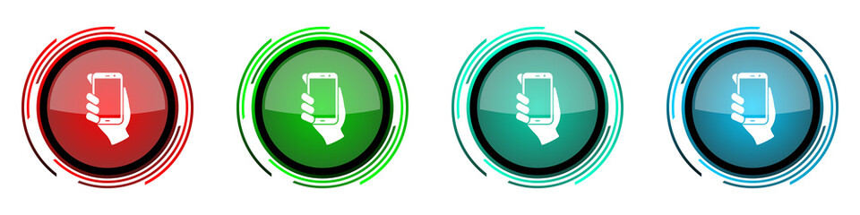 Leinwandbilder - Smartphone in hand round glossy vector icons, mobile phone set of buttons for webdesign, internet and mobile phone applications in four colors options isolated on white background