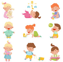 Baby Boys And Girls Sitting On The Floor And Playing With Their Toys Vector Set