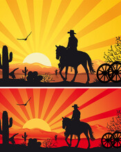 Cowboy Riding Horse Against Sunset Background - Wild West Silhouette Background Banners