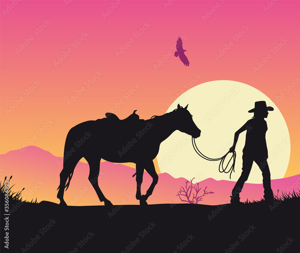 Cowgirl leading saddled horse silhouette sunset background vector Stock  Vector | Adobe Stock, image size:1000x843