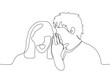 Woman and man are whispering. A man whispers to a woman's ear, she opened her mouth in surprise. One continuous line drawing concept of gossip, transmission of secret, information, hearing