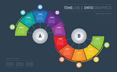 Wall Mural - Business presentation concept with 10 options. Diagram of technology or education process with ten steps. Infographic consisting of 10 parts divided into 2 segments (A and B). Vector illustration.