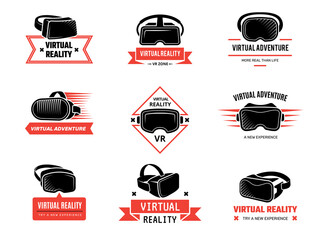 Poster - vr helmet logo. badges set for gamers future technology headset virtual reality entertainment vector