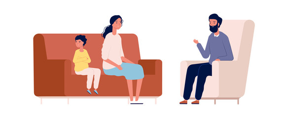 Wall Mural - Family therapy. Mother son and counselor. Psychotherapy, children behavior problems vector illustration. Mother and boy therapy, family psychiatry problem