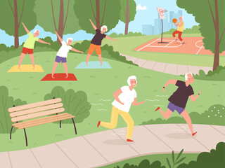 Sticker - Elderly park activity. Older people grandparents walking in urban park healthy lifestyle of happy senior recreation exercises vector. Senior old grandmother and father running illustration