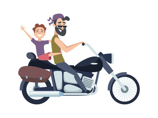 Sticker - Biker on motorcycle. Father rolls son on scooter. Happy cartoon fathers weekend vector illustration. Father with son by motorcycle, motorbike rider