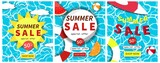 Fototapeta Młodzieżowe - Set Of Summer Sale Poster, banner, advertising, Flowing on Water Concept. Vector Design.