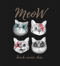 Meow Slogan With Cute Cats Face Painted Illustration On Black Background