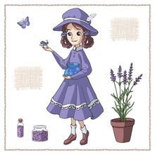 Cute Cartoon Girl Wearing Purple Vintage Dress Holds A Glass Jar With Fireflies. Set Of Lavender Elements. Provence Style, France. Vintage Vector Illustration. Isolated Objects On White Background.