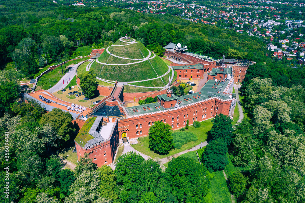 Kosciuszko Mound (Kopiec Kosciuszki) Aerial View. Krakow, Poland. Erected in 1823 to commemorate Tadeusz Kosciuszko. - obrazy, fototapety, plakaty 