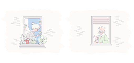  windows with elderly couple. The facade of the house with open windows and neighbors. An old man with a dog and an old woman. Watering flowers and plants on the windowsill. An elderly couple is