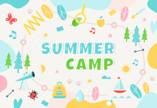 Summer Camp, Community Center Club Or Outdoor School. Colorful Banner For Kids Programs. Educational Activities And Spaces. Vector Illustration