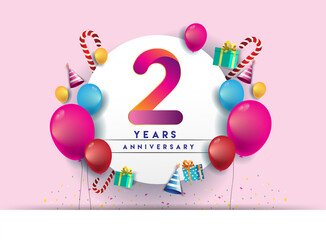 2nd years Anniversary Celebration Design with balloons and gift box, Colorful design elements for banner and invitation card.