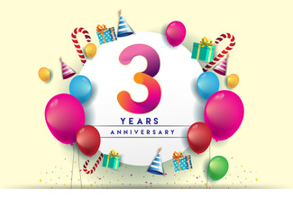 3rd years Anniversary Celebration Design with balloons and gift box, Colorful design elements for banner and invitation card.