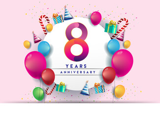 8th years Anniversary Celebration Design with balloons and gift box, Colorful design elements for banner and invitation card.