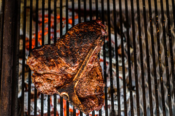 Grilling Big T Bone steak on natural charcoal barbecue grill.