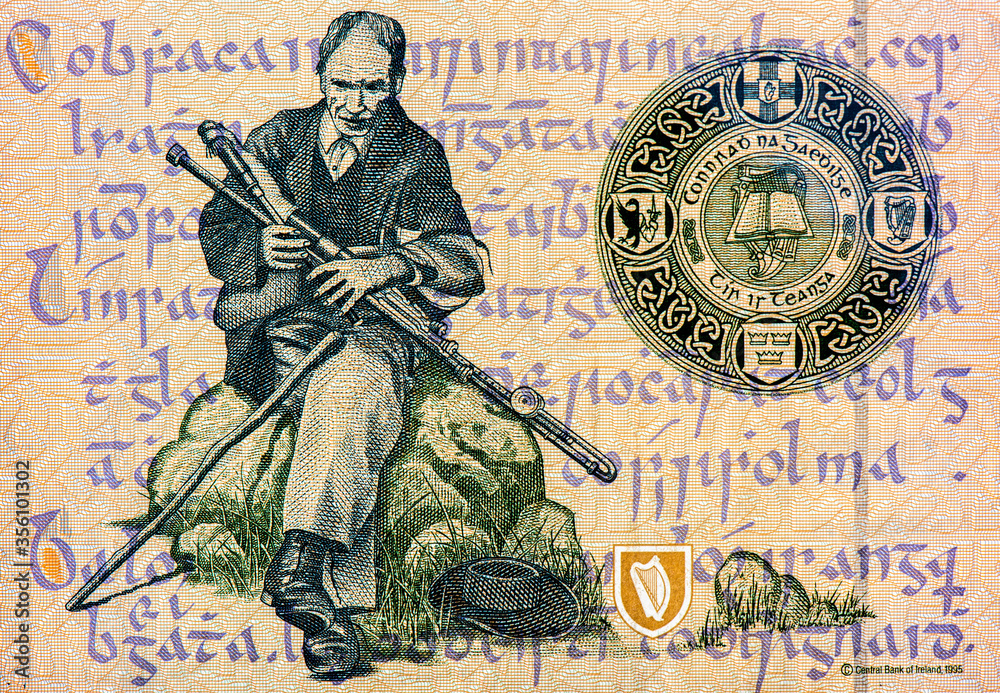 a piper seated on a rock to left with script in the background ...