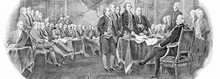 Engraved Modified Reproduction Of The Painting "Signing Of The Declaration Of Independence" In 1776 (painting By John Trumbull). Portrait From United States Of America 2 Dollars 1976 Banknotes.