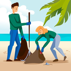 Poster - Cartoon Color Characters People and Cleaning Garbage on Beach Concept. Vector