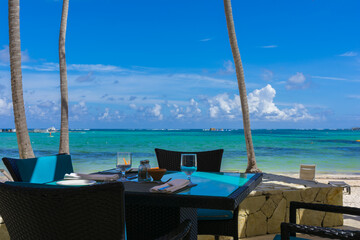 Lunch in front of turquoise caribbean sea, bavaro beach, Punta cana, Dominican Republic