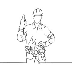 Wall Mural - One line drawing of happy handyman wearing helmet and carrying tools gives thumbs up. Home maintenance service excellent concept. Continuous line draw graphic vector design illustration