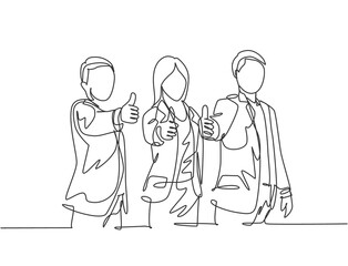 Poster - One line drawing of young happy businessmen and businesswoman stand up and giving thumbs up gesture together. Business teamwork building concept. Continuous line draw design vector illustration