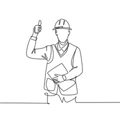 Poster - One line drawing of foreman handyman wearing helmet and carrying clipboard giving thumbs up gesture. Home maintenance service concept. Continuous line draw design vector graphic illustration