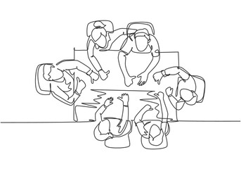 Poster - one line drawing of young happy businessmen and businesswoman meeting and giving thumbs up gesture f