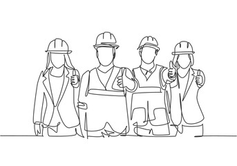 Sticker - One line drawing of young happy male and female building builder groups wearing helmet giving thumbs up gesture. Great team work concept. Trendy continuous line draw design graphic vector illustration