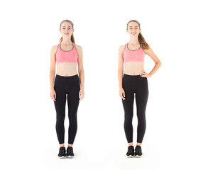 Two figures of the same model, young fitness woman full growth isolated over white background.