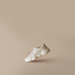 Trendy one female sneaker of light color flying on a beige background. Stylish fashionable minimalism, levitation shoes, creative layout, summer sales, fashion blog. Square copy space for text.