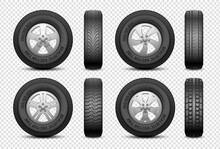 Realistic Tires. Isolated Car Rubber Wheel. Vehicle Service, Truck Wheels Repair. Front And Side View Tire Vector Set. Illustration Automotive Service, Auto Tire And Disk Metal
