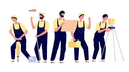 Wall Mural - Construction team. Engineer builder character. Isolated smiling colleagues, cartoon worker. Professional industrial employee vector set. Illustration construction professional worker, builder team