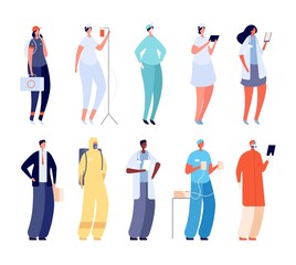 Sticker - Hospital team. Woman medical uniform. Flat administrators, doctors and nurse. Cartoon clinic vector characters. Doctor and pathologist, infectious disease specialist and physician illustration