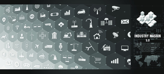 Industry 5.0. Internet of things IoT Web-based network connection template. Web banner background page with icons. Web of network connections. The technological process of connecting devices