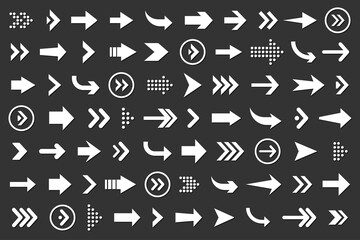 Set of arrows collection in white color on a black background for website design