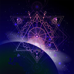 Wall Mural - vector illustration of sacred geometric symbol against the space background with sunrise and stars. 