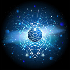 Wall Mural - vector illustration of sacred geometric symbol against the space background with galaxy and stars. m