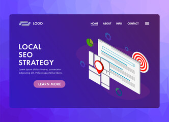 Poster - Local SEO Business Strategy UI UX vector web template for website header, banner, slider or landing page. Search Engine Optimization and Marketing strategy with GPS geo-positioning and regional.