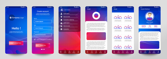 Design of mobile app, UI, UX, GUI. Set of user registration screens with login and password input, account sign in, sign up, home page. Modern Style. Minimal Application. UI Design Template. Interface
