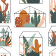 Seamless pattern with geometric glass terrariums with tropical plants
