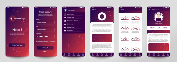 Design of mobile app, UI, UX, GUI. Set of user registration screens with login and password input, account sign in, sign up, home page. Modern Style. Minimal Application. UI Design Template. Interface