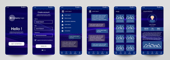 Design of mobile app Chat room, UI, UX, GUI. Set of user registration screens with login and password input, account sign in, sign up, home page. Modern Style. Minimal Application. UI Design Template