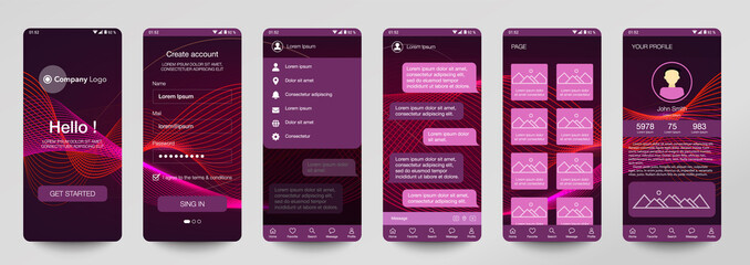 Design of mobile app, UI, UX, GUI. Set of user registration screens with login and password input, account sign in, sign up, chat room, home page. Modern Style. Minimal Application. UI Design Template