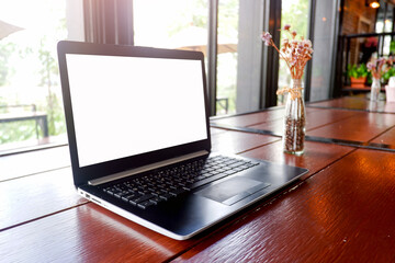 Fototapete - Cropped shot view of business woman’s hands typing the labtop with blank copy space screen for your information content or text message.