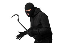 Portrait Of Masked Thief With Crowbar Isolated Over White Wall