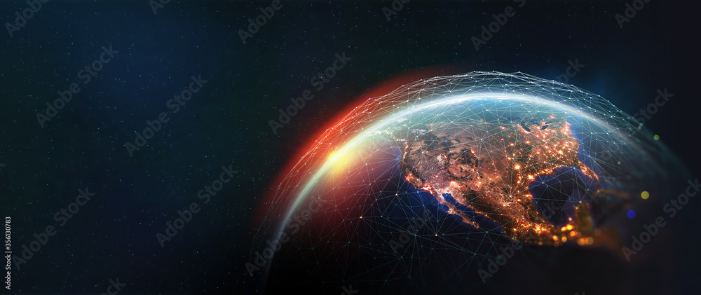 Earth view from space. Global network. Blockchain technology. Planet and communication. Future world 3D illustration. Elements of this image are furnished by NASA - obrazy, fototapety, plakaty 