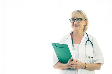 Portrait doctor specialist of medical physician advisor wearing white coat, stethoscope holding clipboard and posing over light clinic background. with patient provide help counseling, therapy concept