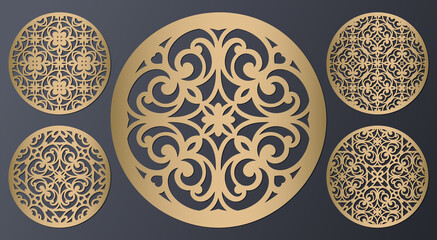 Wall Mural - Laser cut round ornamental panels set. Template for carved stand. Cabinet fretwork screen. Metal design, wood carving, vector.