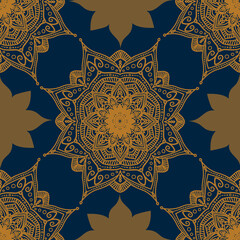 Mandala oranments blue and gold - seamless pattern